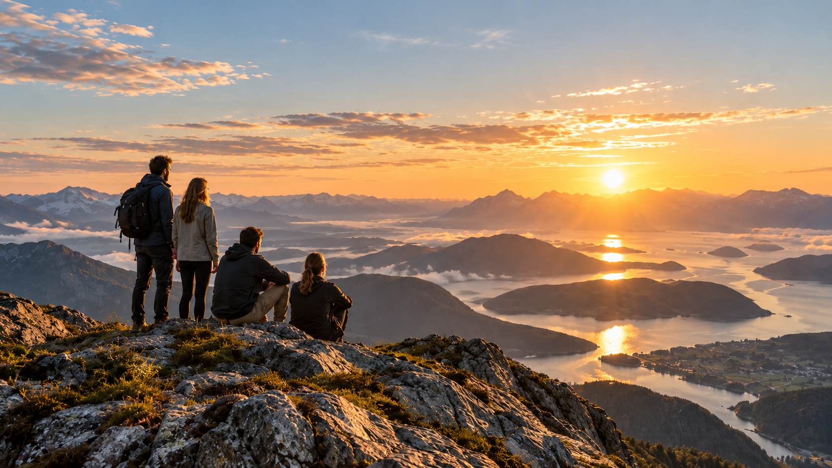 Quatre personnes contemplant les montagnes et les lacs au lever du soleil