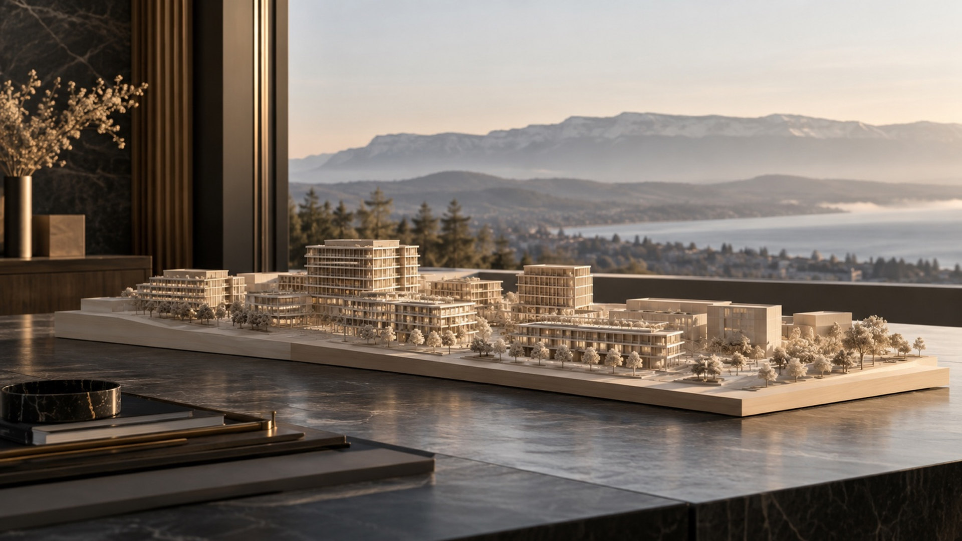 Maquette immobilière sur un bureau avec vue sur le lac et les montagnes